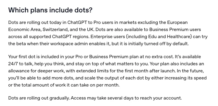 Abschnitt Which plans include dots aus der OpenAI-Hilfe: Pro-Nutzer außerhalb des Europäischen Wirtschaftsraums, der Schweiz und des Vereinigten Königreichs, Business Premium in allen Regionen, Enterprise als Beta