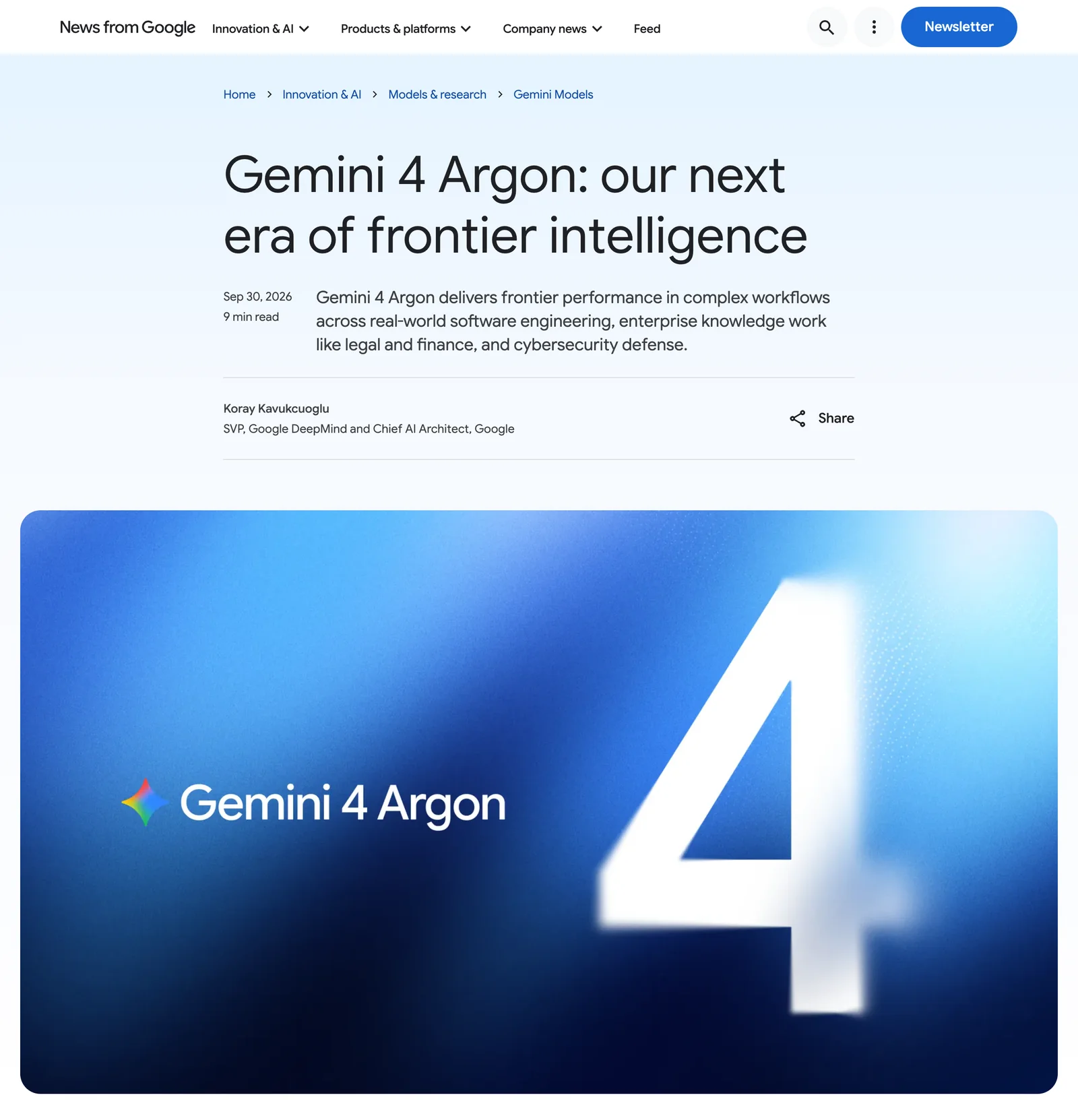Kopf der Google-Ankündigung: Gemini 4 Argon: our next era of frontier intelligence, 30. September 2026, von Koray Kavukcuoglu, darunter das Titelbild mit dem Schriftzug Gemini 4 Argon und einer großen Ziffer 4