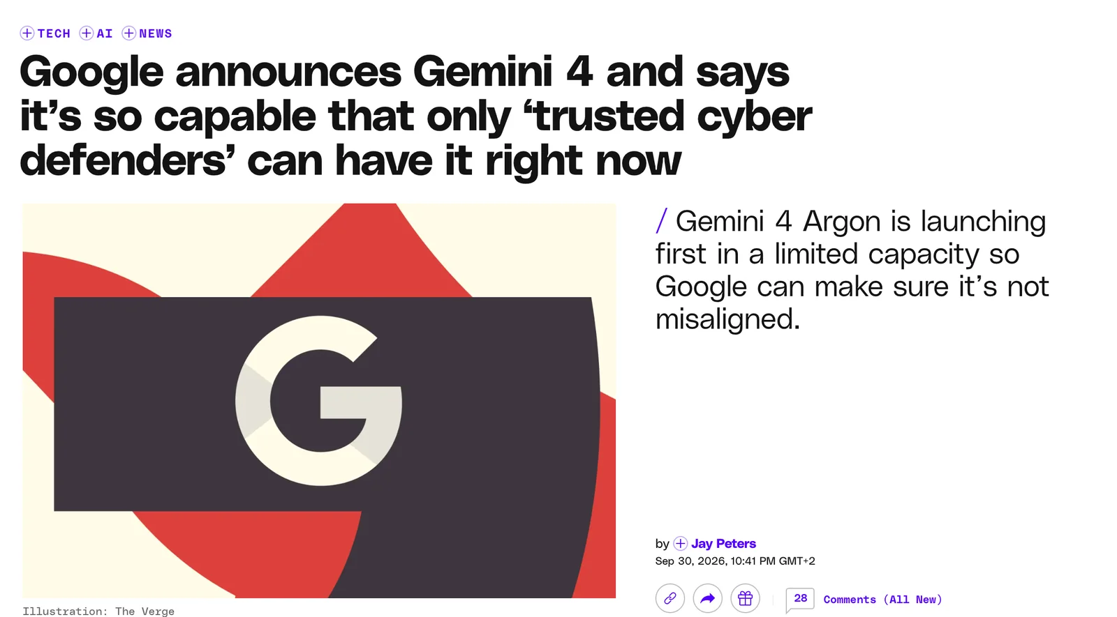 Schlagzeile von The Verge: Google announces Gemini 4 and says it's so capable that only trusted cyber defenders can have it right now, Unterzeile: Gemini 4 Argon is launching first in a limited capacity so Google can make sure it's not misaligned