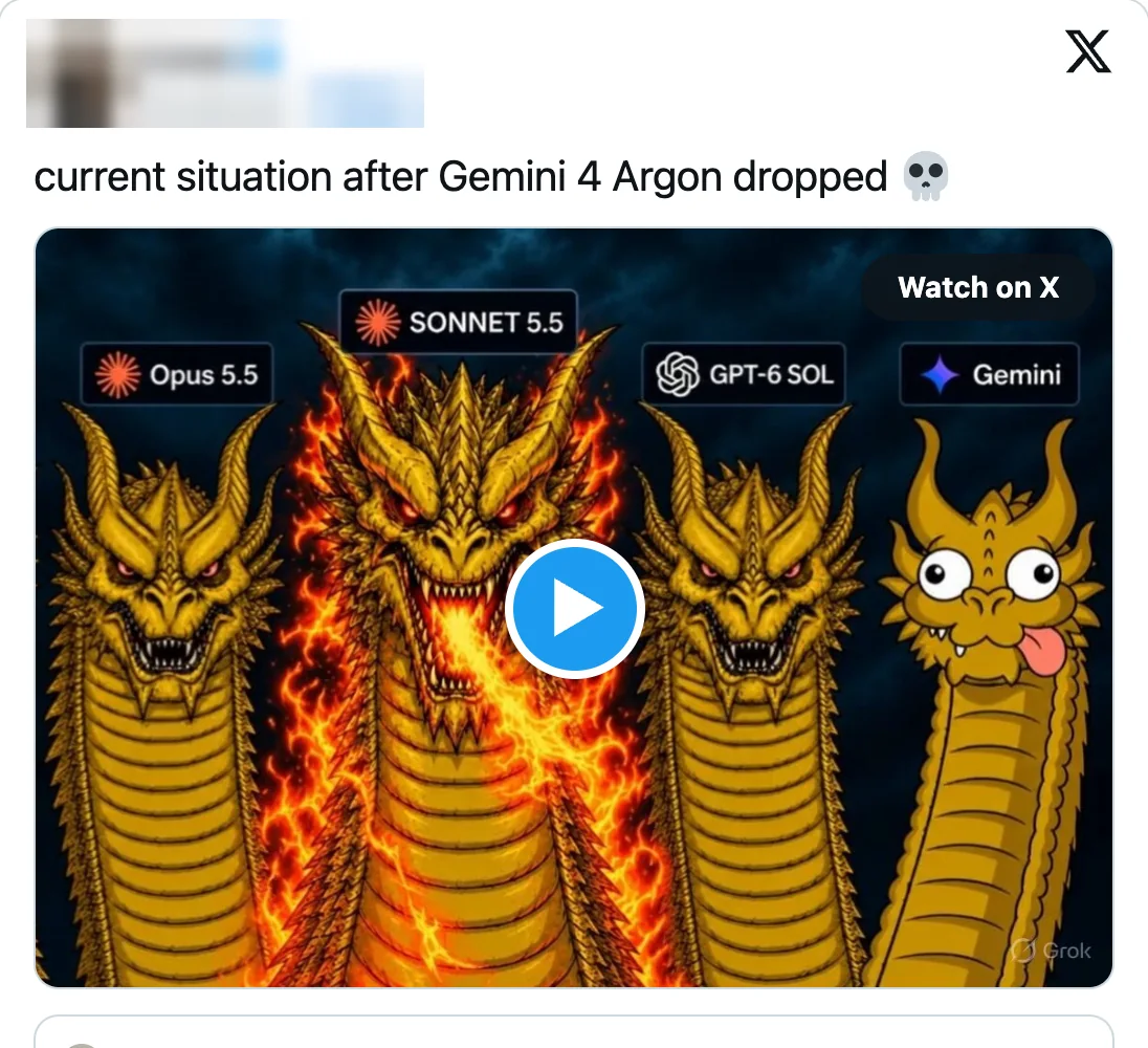 Meme auf X, Name und Profilbild unkenntlich gemacht: current situation after Gemini 4 Argon dropped, vier Drachenköpfe, drei grimmige mit den Beschriftungen Opus 5.5, Sonnet 5.5 und GPT-6 Sol und ein alberner mit der Beschriftung Gemini