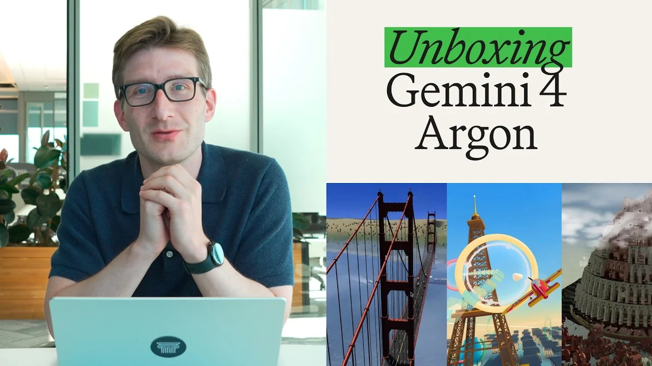 Vorschaubild des YouTube-Videos der Arena: ein Mann mit Brille vor einem Laptop, daneben der Schriftzug Unboxing Gemini 4 Argon und Bilder der Golden Gate Bridge, eines Turms und einer Insel