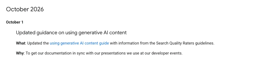 Google Search Central Changelog vom 1. Oktober 2026 zur Aktualisierung des Leitfadens für generative KI-Inhalte