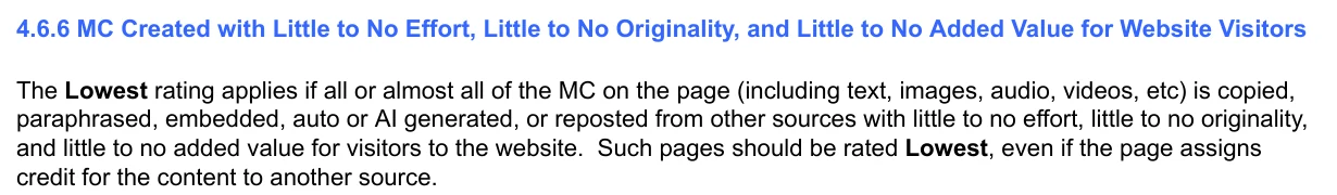 Abschnitt 4.6.6 der Google Quality Rater Guidelines zu Hauptinhalten mit wenig Aufwand, Originalität und Mehrwert
