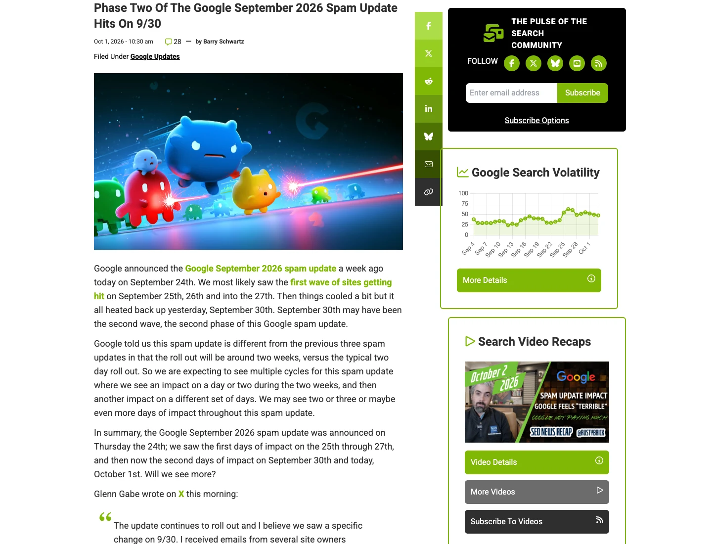 Search Engine Roundtable: Barry Schwartz berichtet über eine mögliche zweite Welle des September-Spam-Updates am 30. September 2026