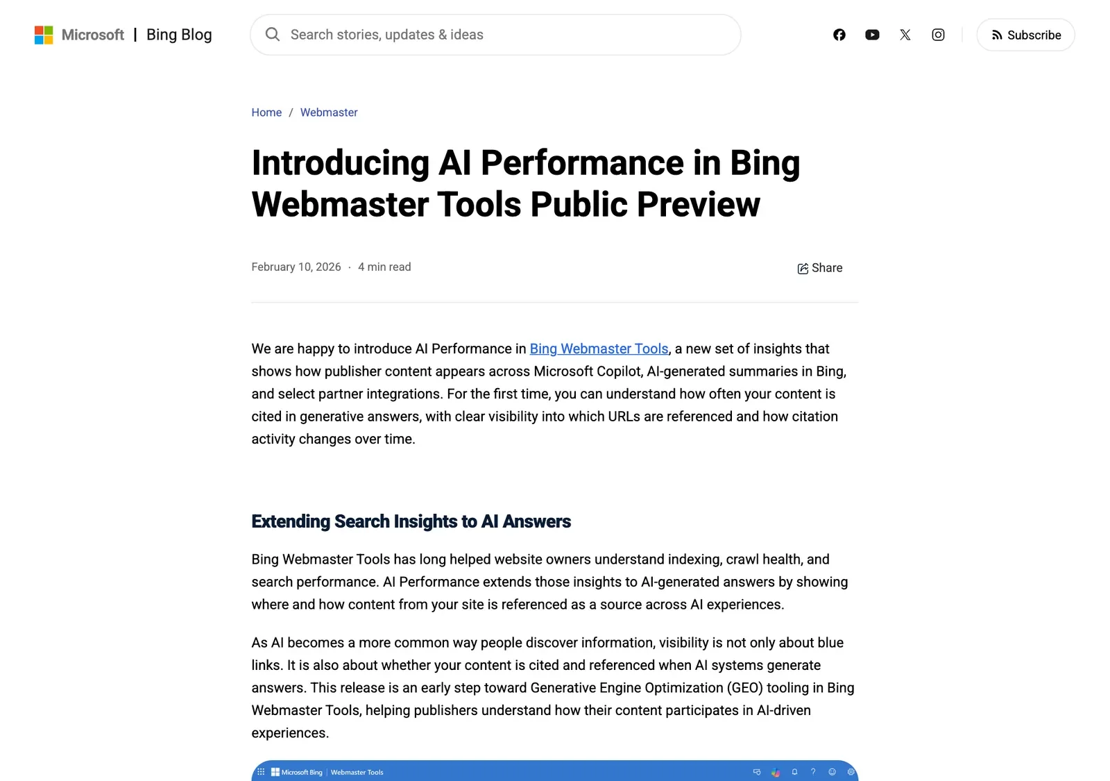 Ausschnitt aus dem Bing-Blog vom 10. Februar 2026: Introducing AI Performance in Bing Webmaster Tools Public Preview, mit dem Hinweis, dass der Bericht zeigt, wie Inhalte in Microsoft Copilot, KI-Zusammenfassungen in Bing und ausgewählten Partner-Integrationen erscheinen