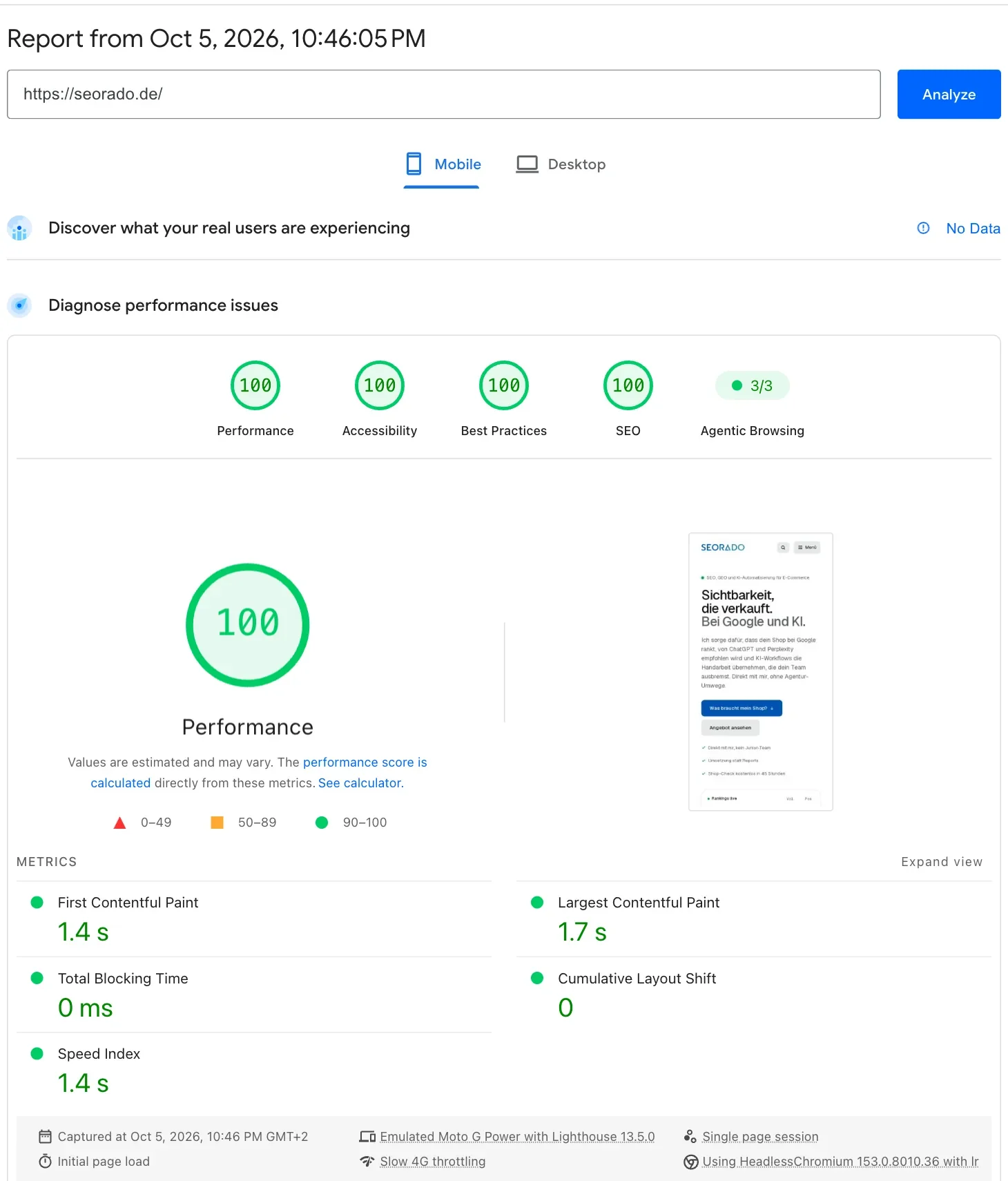 PageSpeed-Insights-Ergebnis für seorado.de mobil: Performance 100, Barrierefreiheit 100, Best Practices 100, SEO 100, dazu die Kennzahlen LCP, TBT und CLS