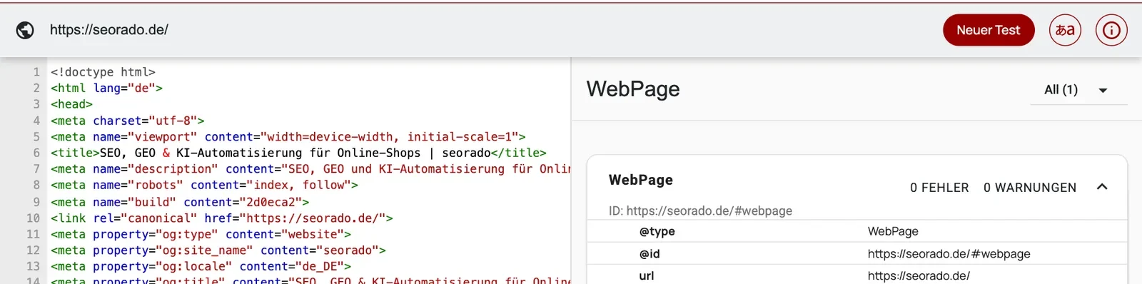 Ergebnis des Schema Markup Validators für seorado.de: Typ WebPage mit 0 Fehlern und 0 Warnungen