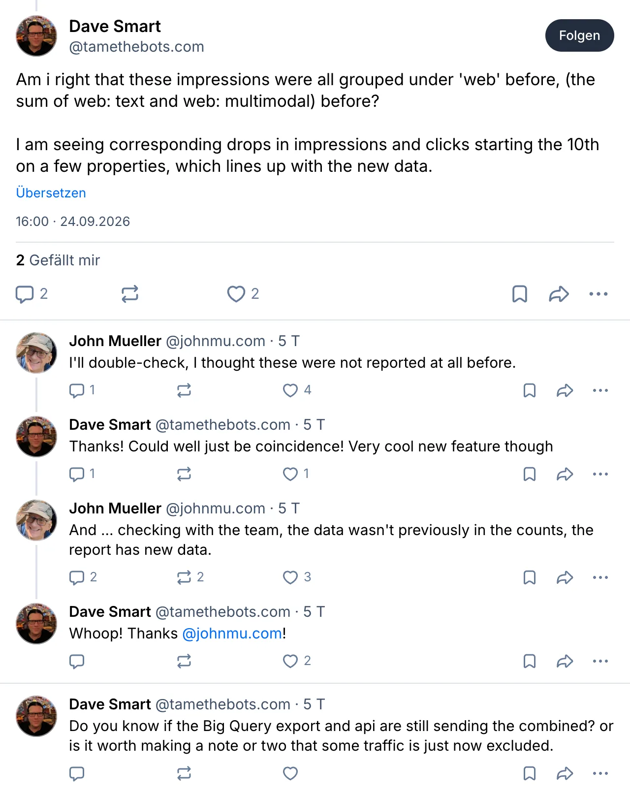 Bluesky-Thread vom 24. September 2026: Dave Smart fragt, ob die Impressionen vorher unter Web gezählt wurden, John Mueller antwortet nach Rücksprache mit dem Team, die Daten seien vorher nicht in den Zahlen enthalten gewesen