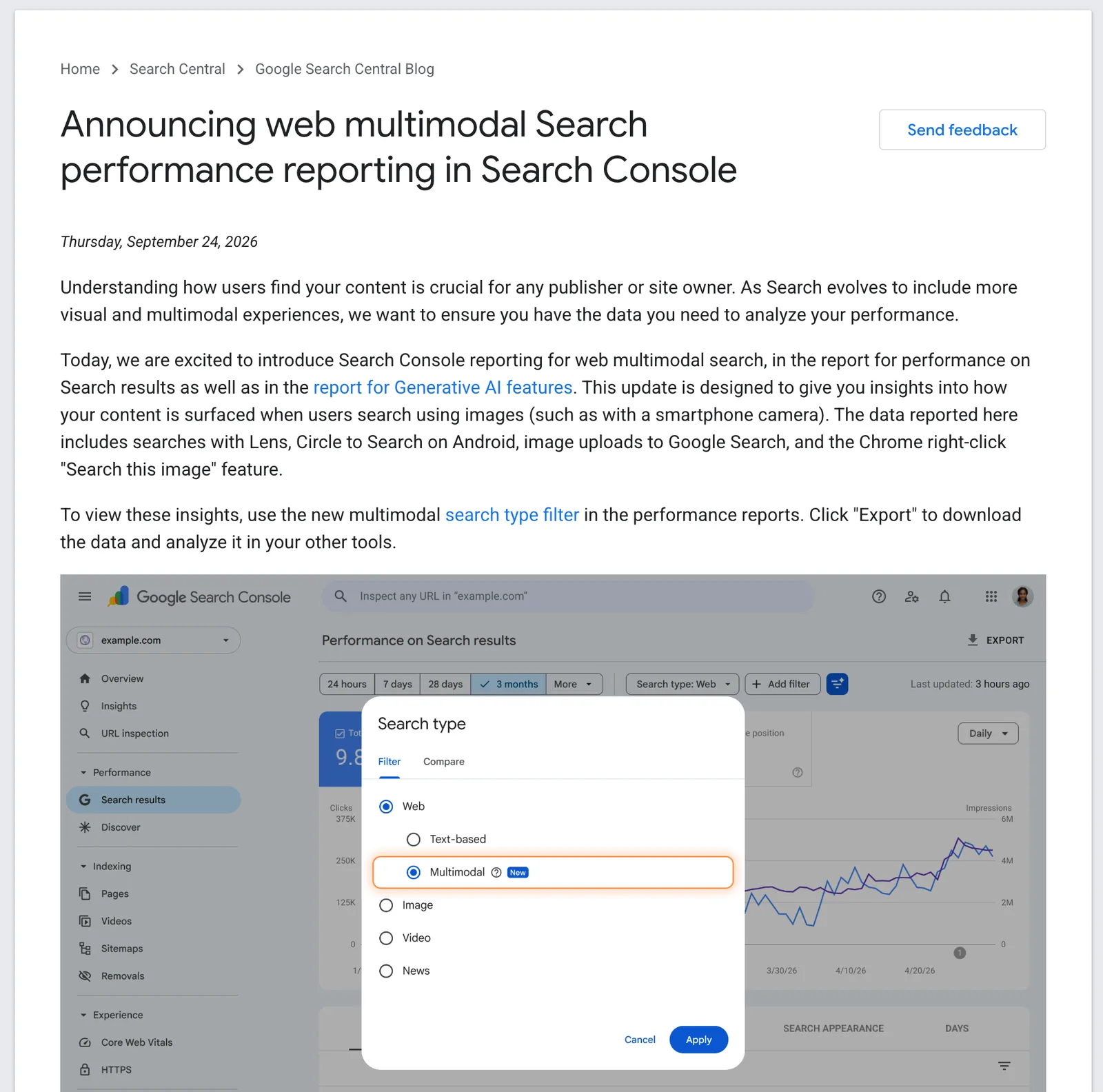 Google Search Central Blog vom 24. September 2026: Announcing web multimodal Search performance reporting in Search Console, mit Screenshot des Suchtyp-Dialogs mit Web, Text-based und Multimodal