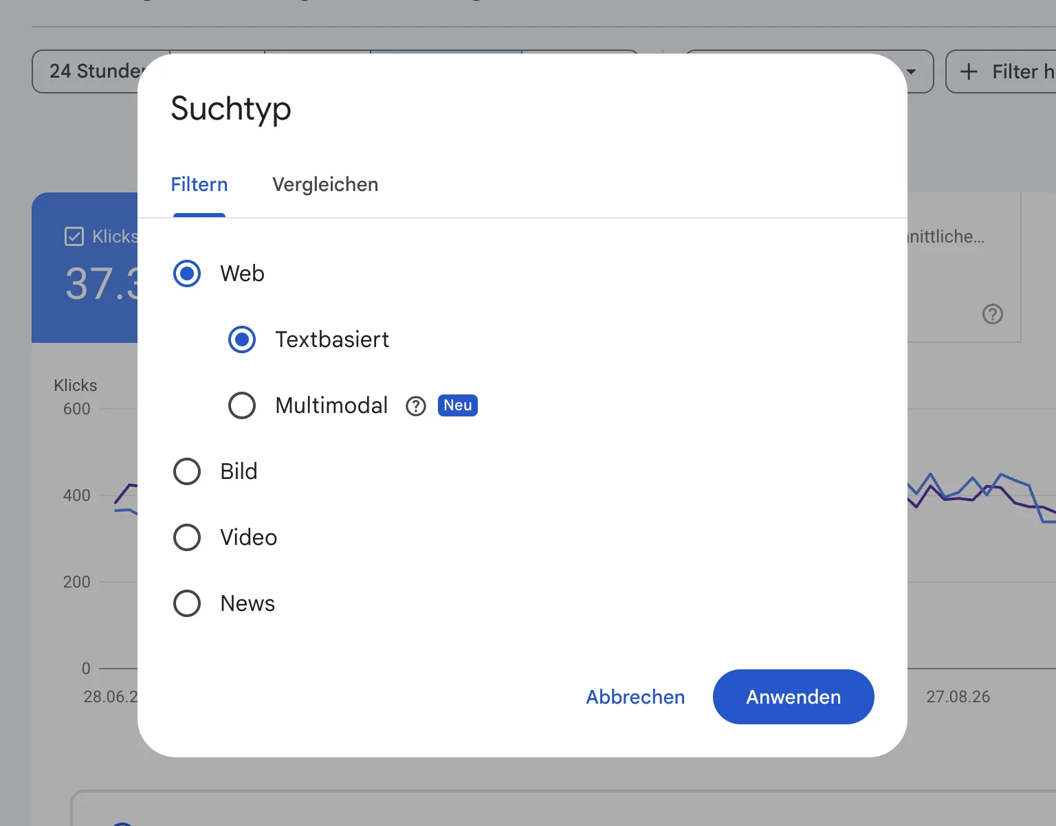 Suchtyp-Dialog in der deutschen Search Console: Web mit den Unterpunkten Textbasiert und Multimodal mit Kennzeichnung Neu, darunter Bild, Video und News