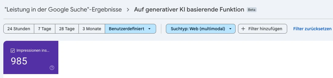 Search Console Opal-Schmiede, Bericht Auf generativer KI basierende Funktion, Beta, Suchtyp Web multimodal, Zeitraum benutzerdefiniert: 985 Impressionen