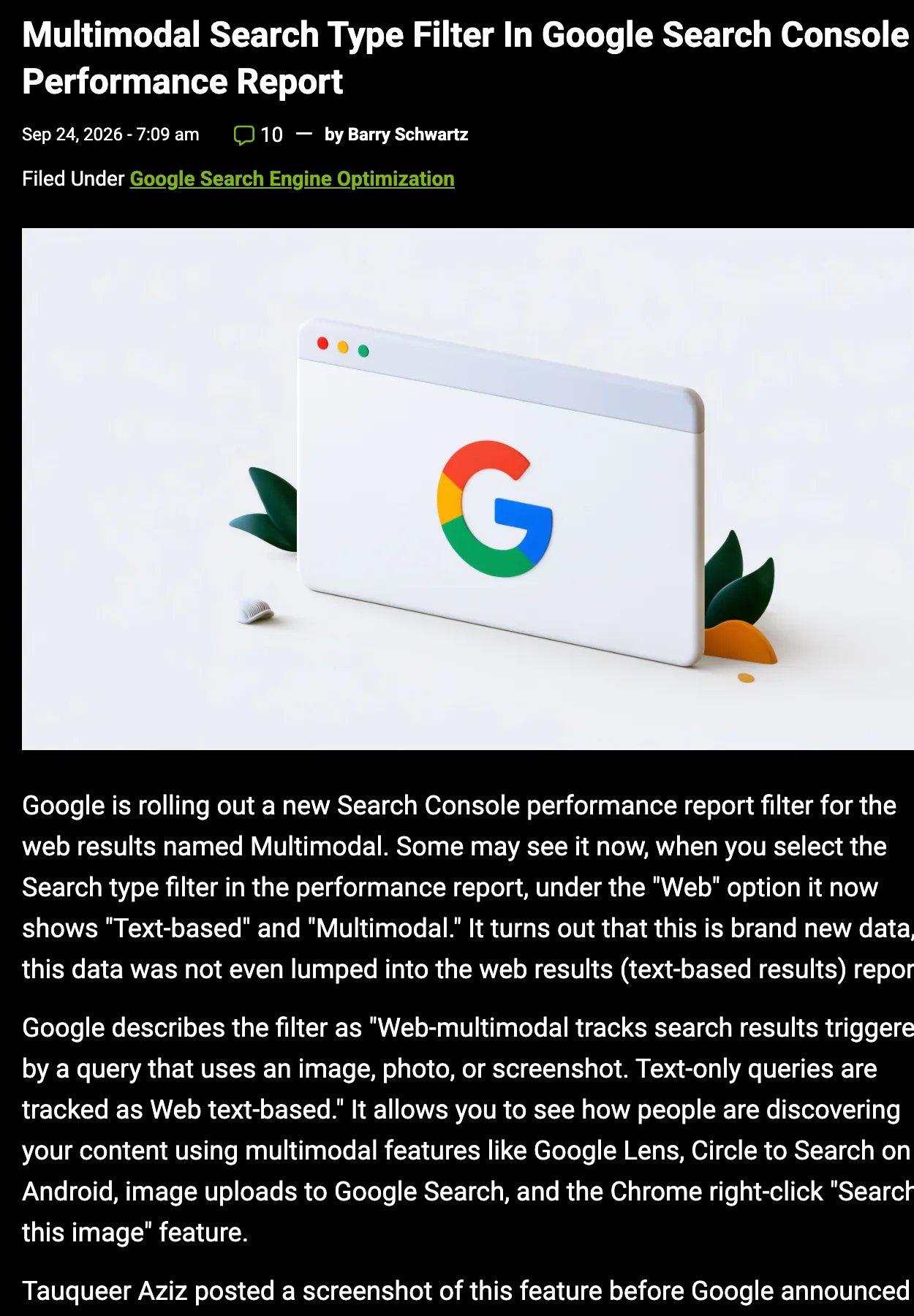Search Engine Roundtable vom 24. September 2026: Multimodal Search Type Filter In Google Search Console Performance Report, von Barry Schwartz