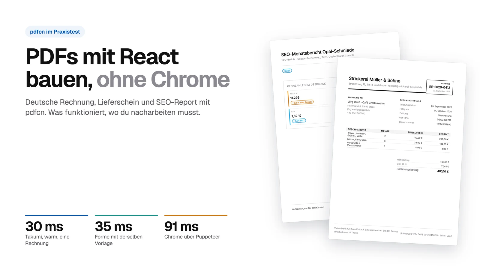 Titelbild: pdfcn im Praxistest, PDFs mit React bauen, ohne Chrome. Deutsche Rechnung, Lieferschein und SEO-Report mit pdfcn, dazu die Messwerte 30 ms mit Takumi, 35 ms mit Forme und 91 ms mit Chrome über Puppeteer, daneben eine deutsche Beispielrechnung und die erste Seite des SEO-Monatsberichts