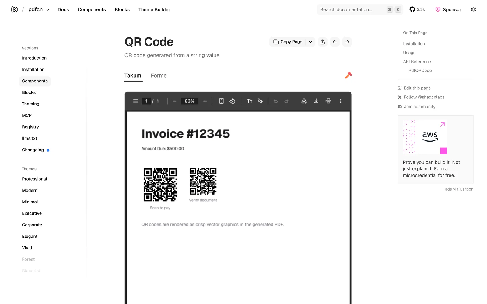 Dokumentationsseite der Komponente QR Code auf pdfcn.dev mit Umschalter Takumi und Forme und einer Vorschau: Invoice #12345, Amount Due $500.00, zwei QR-Codes mit den Beschriftungen Scan to pay und Verify document
