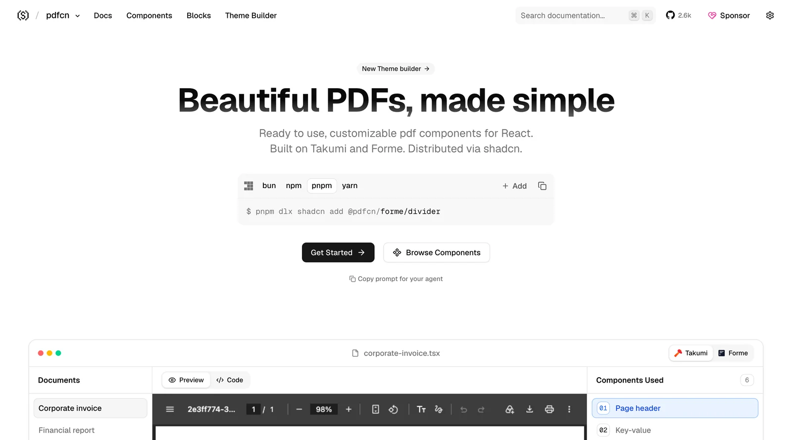 Startseite von pdfcn.dev mit der Überschrift Beautiful PDFs, made simple, einem Installationsbefehl mit Auswahl für bun, npm, pnpm und yarn, den Knöpfen Get Started und Browse Components sowie dem Beginn der Live-Vorschau corporate-invoice.tsx