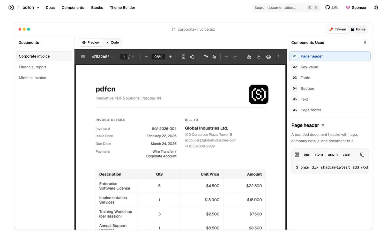 Live-Vorschau auf pdfcn.dev: links die Dokumente Corporate invoice, Financial report und Minimal invoice, in der Mitte die gerenderte Rechnung von pdfcn an Global Industries Ltd. mit Tabelle, rechts die Liste Components Used mit Page header, Key-value, Table, Section, Text und Page footer, oben die Umschalter Takumi und Forme
