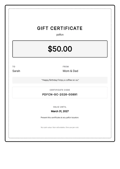 Vorschau der pdfcn-Vorlage Gutschein (gift-certificate) mit den Beispieldaten von pdfcn