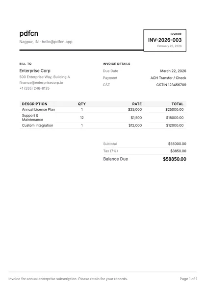 Vorschau der pdfcn-Vorlage Rechnung Minimal (invoice-minimal) mit den Beispieldaten von pdfcn