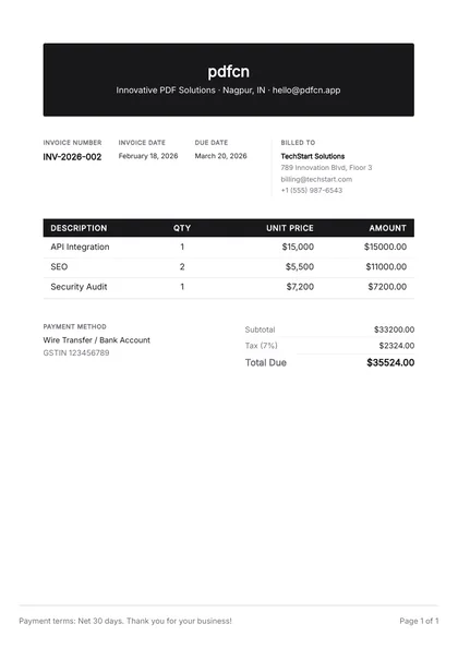 Vorschau der pdfcn-Vorlage Rechnung Modern (invoice-modern) mit den Beispieldaten von pdfcn