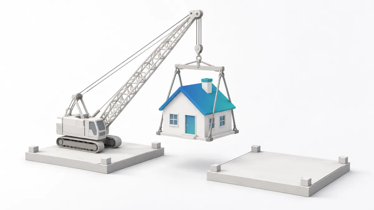 Illustration: ein Kran hebt ein kleines Haus von einer Plattform auf eine zweite, gleich große Plattform daneben