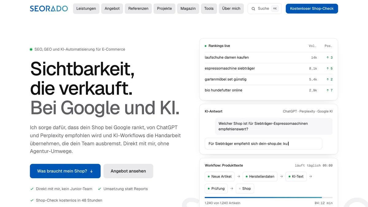Die neue Startseite von seorado.de mit der Überschrift Sichtbarkeit, die verkauft. Bei Google und KI.