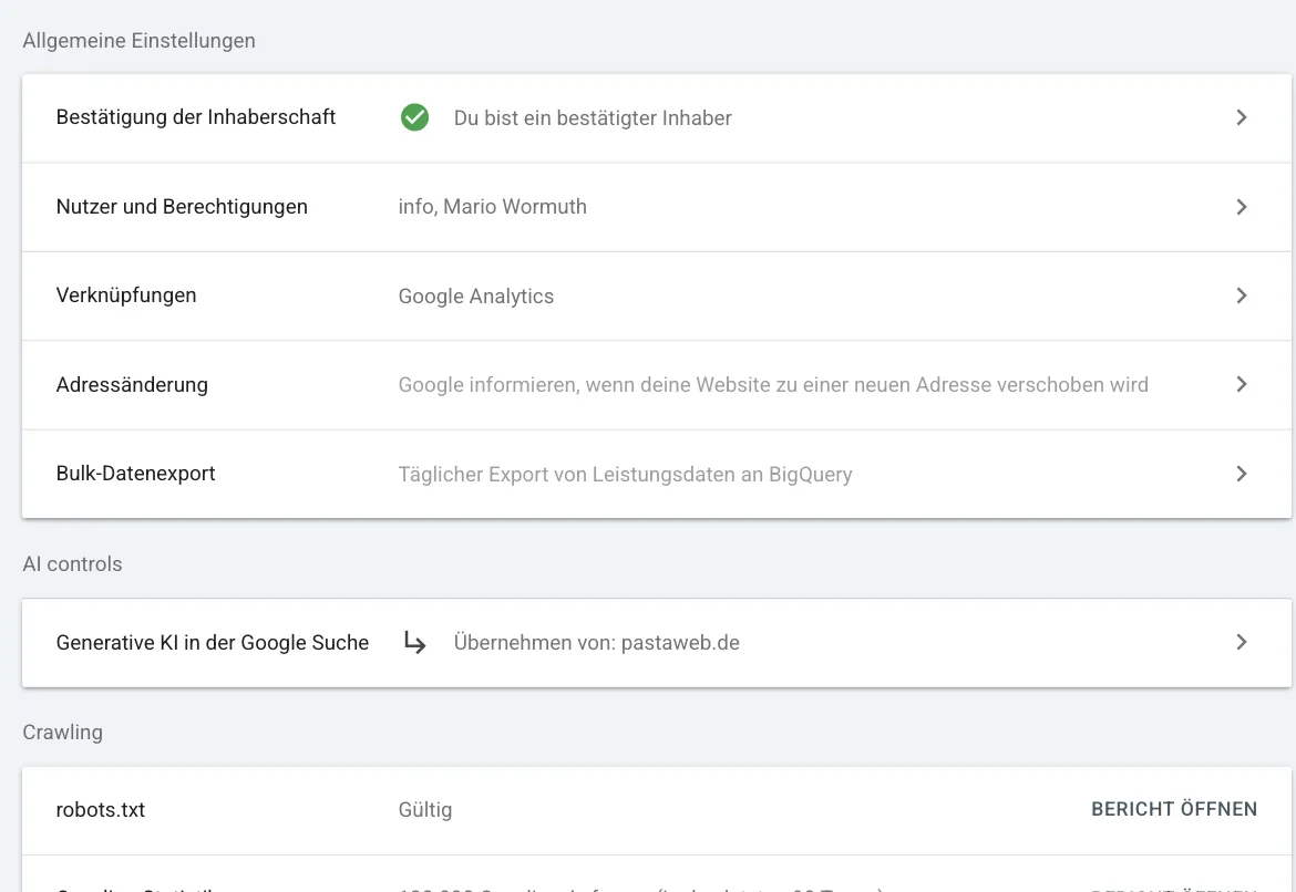 Einstellungen der Search Console für pastaweb.de: Bestätigung der Inhaberschaft, Nutzer und Berechtigungen, Verknüpfungen mit Google Analytics, Adressänderung, Bulk-Datenexport, Abschnitt AI controls mit Generative KI in der Google Suche übernommen von pastaweb.de, Abschnitt Crawling mit robots.txt gültig