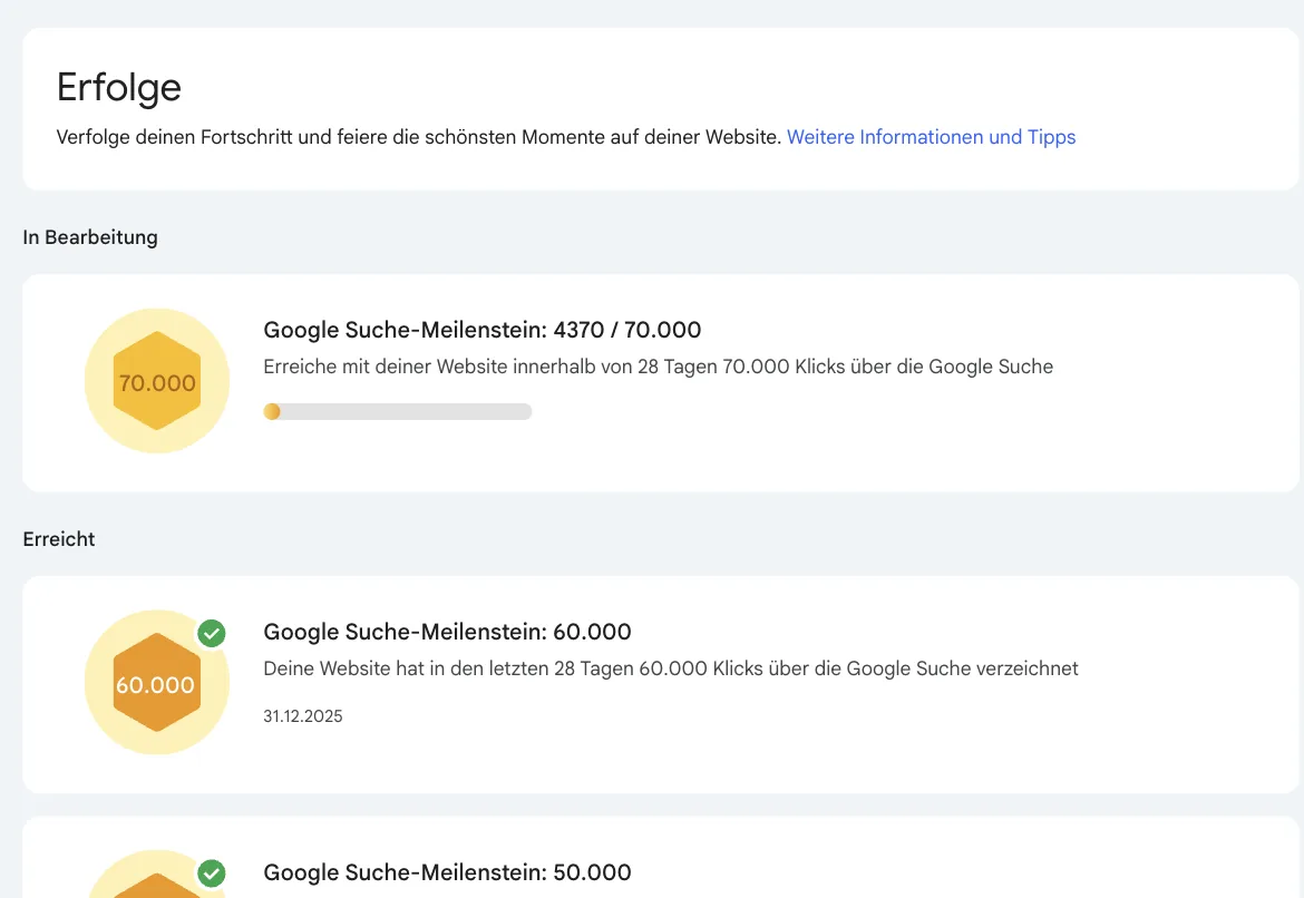 Seite Erfolge der Search Console: in Bearbeitung Google Suche-Meilenstein 4.370 von 70.000, erreicht Google Suche-Meilenstein 60.000 Klicks in 28 Tagen am 31.12.2025, darunter 50.000