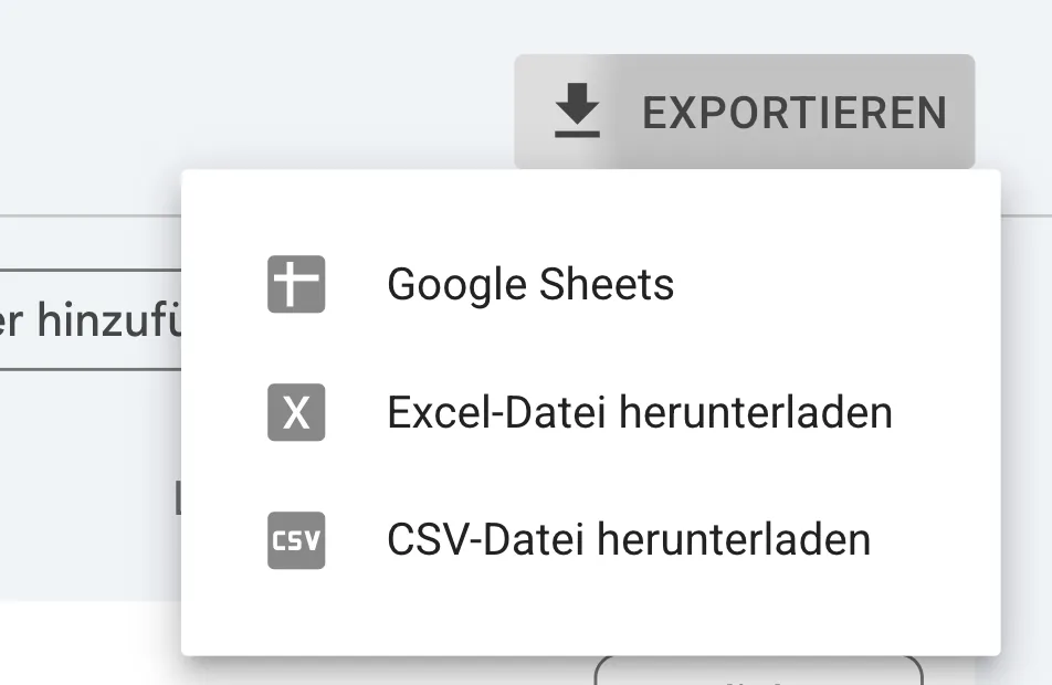 Aufgeklapptes Menü Exportieren mit Google Sheets, Excel-Datei herunterladen und CSV-Datei herunterladen