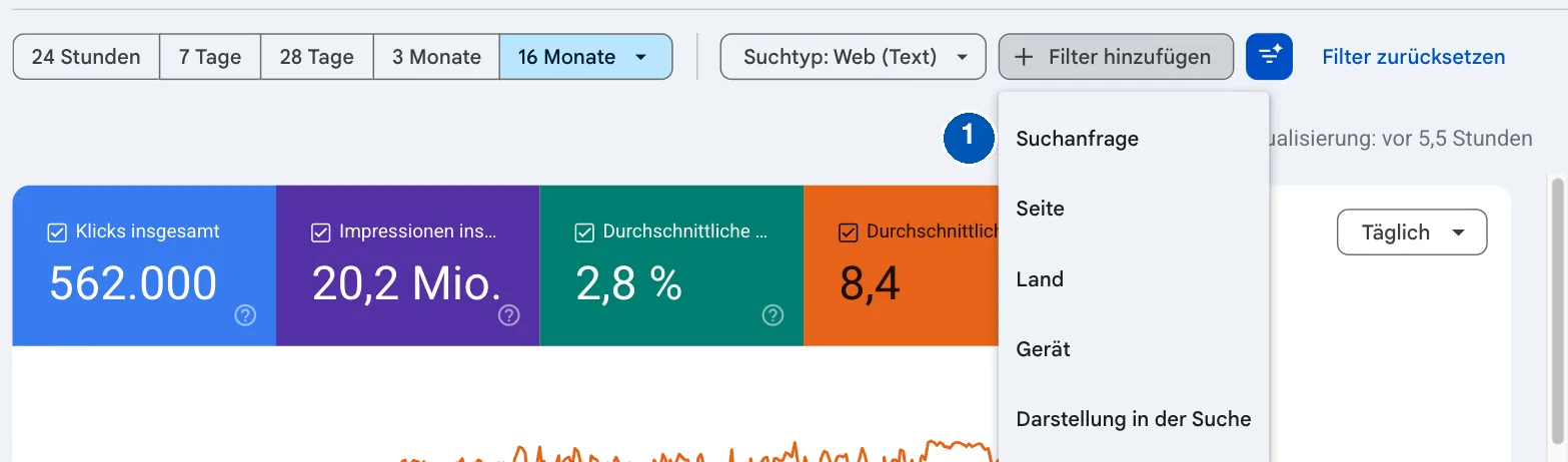 Aufgeklapptes Menü Filter hinzufügen mit Suchanfrage, Seite, Land, Gerät und Darstellung in der Suche
