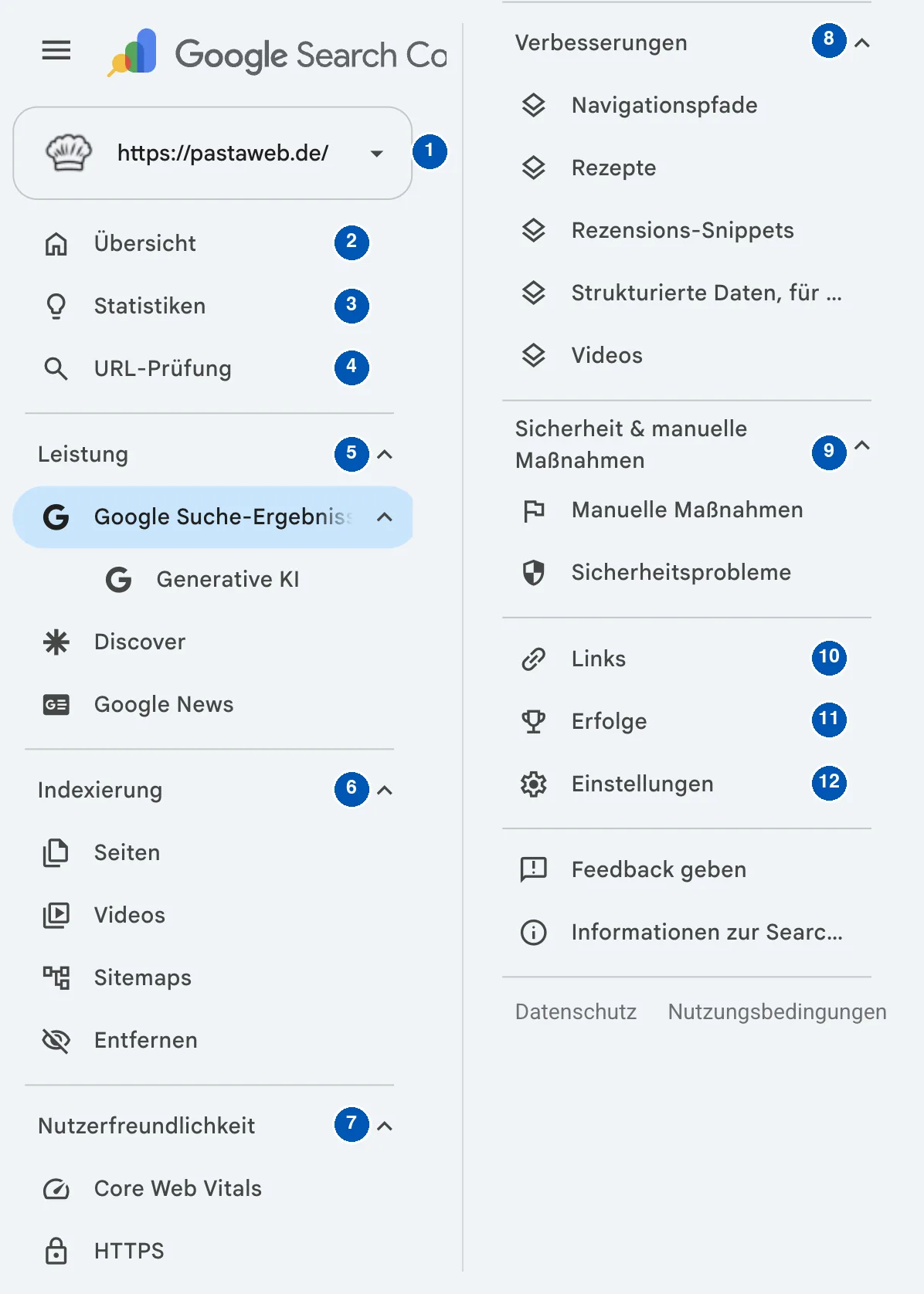 Linke Leiste der Google Search Console für pastaweb.de mit zwölf nummerierten Bereichen: Property-Auswahl, Übersicht, Statistiken, URL-Prüfung, Leistung mit Google Suche-Ergebnisse, Generative KI, Discover und Google News, Indexierung, Nutzerfreundlichkeit, Verbesserungen, Sicherheit und manuelle Maßnahmen, Links, Erfolge, Einstellungen