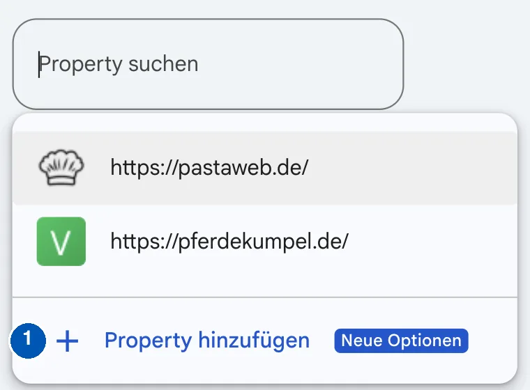 Aufgeklappte Property-Auswahl mit pastaweb.de und pferdekumpel.de, darunter der Eintrag Property hinzufügen mit dem Hinweis Neue Optionen