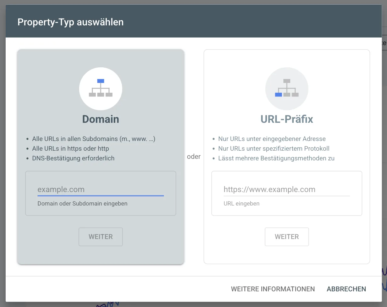 Dialog Property-Typ auswählen: links Domain mit alle URLs in allen Subdomains, https oder http und DNS-Bestätigung erforderlich, rechts URL-Präfix mit nur URLs unter eingegebener Adresse und mehreren Bestätigungsmethoden