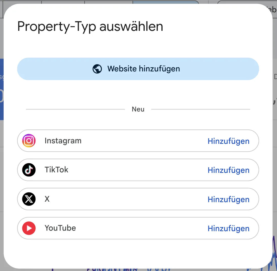 Dialog Property-Typ auswählen mit dem Knopf Website hinzufügen und darunter, als neu markiert, Instagram, TikTok, X und YouTube