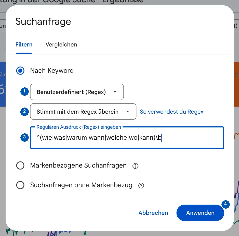 Dialog Suchanfrage mit vier Markierungen: 1 Auswahl Benutzerdefiniert Regex, 2 Stimmt mit dem Regex überein, 3 Eingabefeld mit dem Muster für Fragewörter, 4 Knopf Anwenden