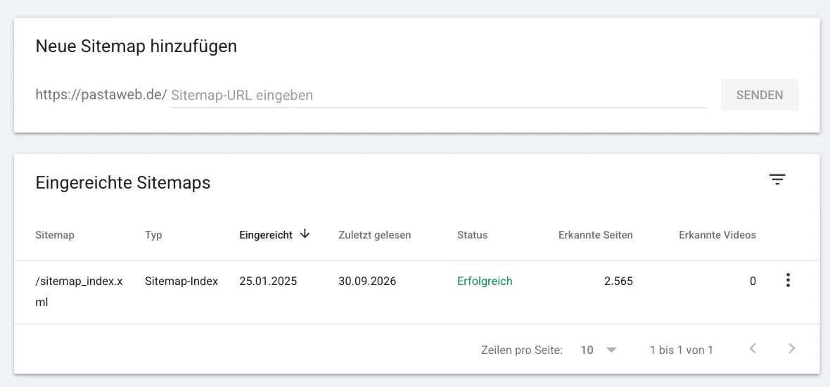 Bericht Sitemaps: Feld Neue Sitemap hinzufügen mit https://pastaweb.de/ und Sitemap-URL eingeben, darunter Eingereichte Sitemaps mit /sitemap_index.xml, Typ Sitemap-Index, eingereicht 25.01.2025, zuletzt gelesen 30.09.2026, Status Erfolgreich, 2.565 erkannte Seiten