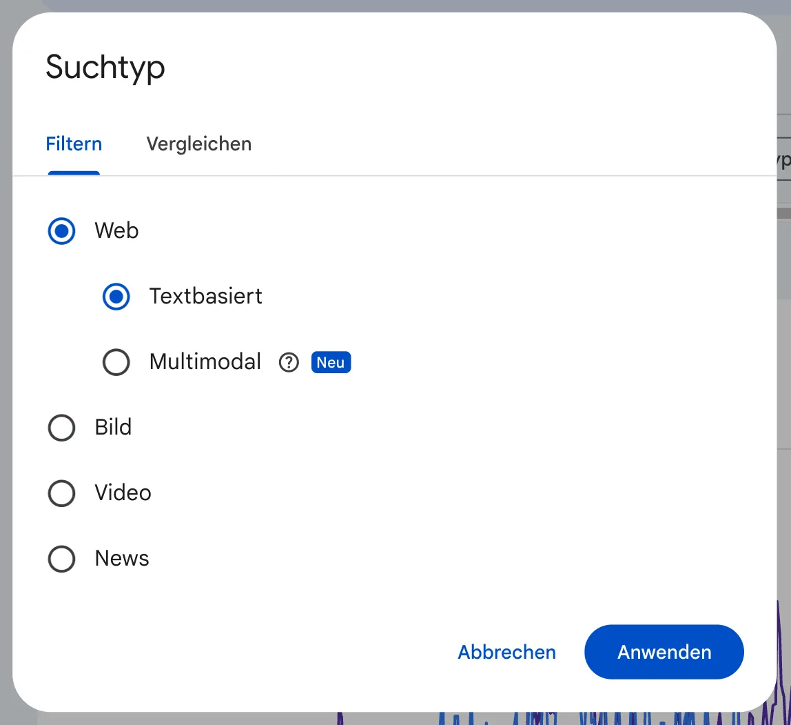Dialog Suchtyp mit den Reitern Filtern und Vergleichen: Web mit den Unterpunkten Textbasiert und Multimodal mit der Markierung Neu, darunter Bild, Video und News