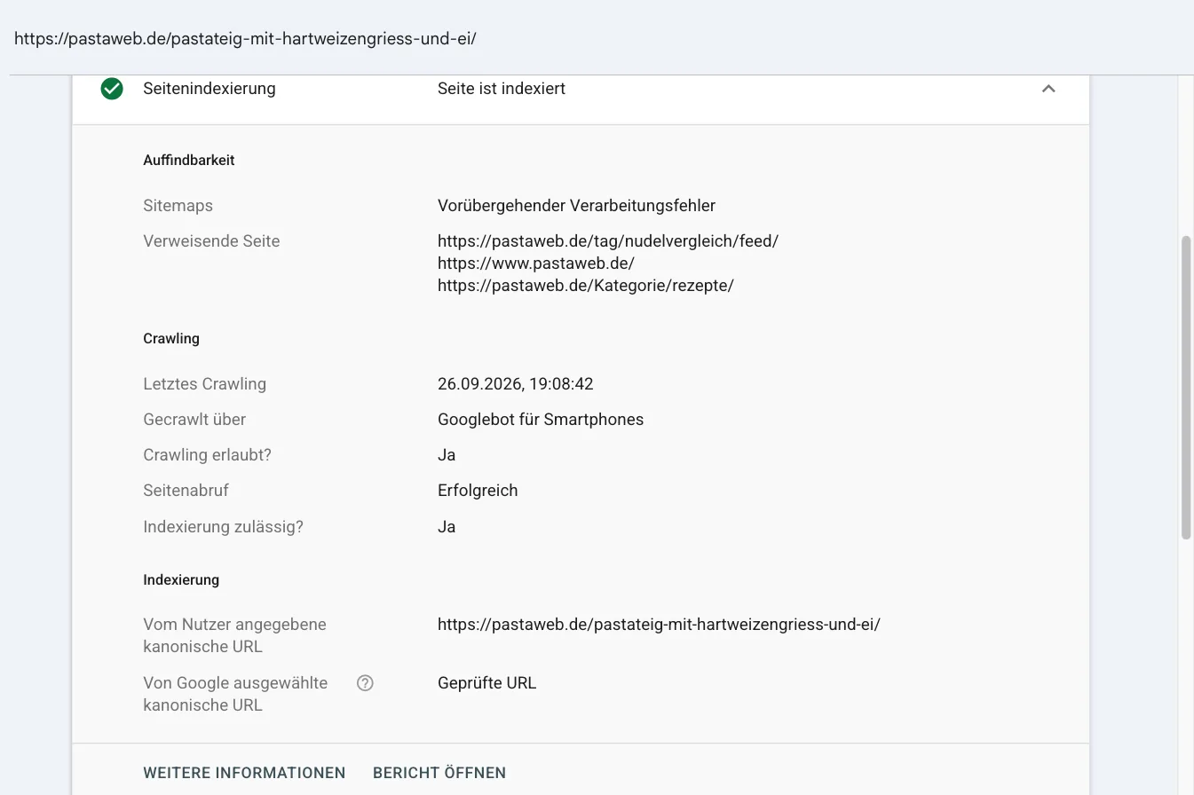 Aufgeklappte Seitenindexierung: Auffindbarkeit mit Sitemaps Vorübergehender Verarbeitungsfehler und drei verweisenden Seiten, Crawling mit letztem Crawling am 26.09.2026 um 19:08:42 durch Googlebot für Smartphones, Crawling erlaubt Ja, Seitenabruf Erfolgreich, Indexierung zulässig Ja, Indexierung mit vom Nutzer angegebener und von Google ausgewählter kanonischer URL