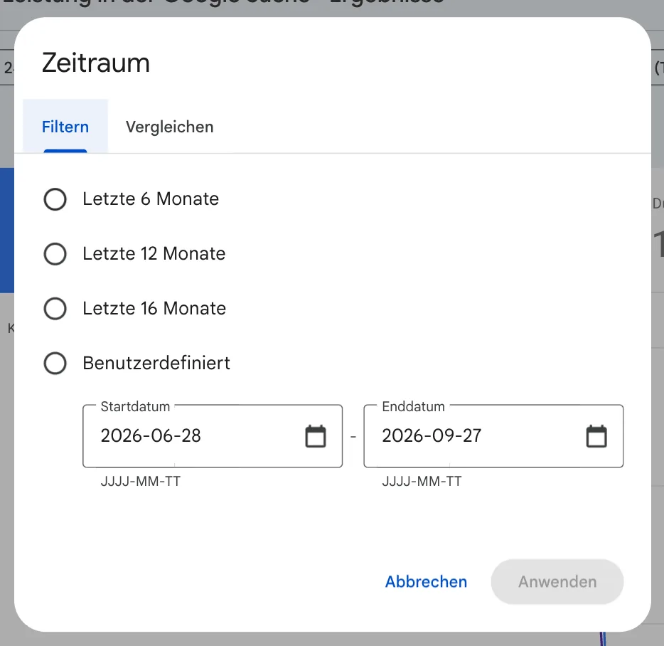 Dialog Zeitraum, Reiter Filtern: Letzte 6 Monate, Letzte 12 Monate, Letzte 16 Monate, Benutzerdefiniert mit Startdatum und Enddatum im Format JJJJ-MM-TT