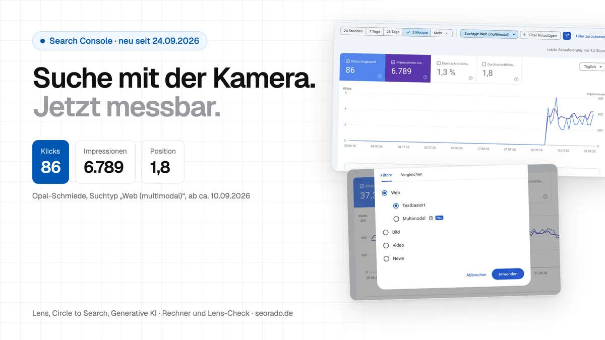 Titelbild: Suche mit der Kamera, jetzt messbar. Opal-Schmiede im Suchtyp Web multimodal mit 86 Klicks, 6.789 Impressionen und Position 1,8, daneben der Suchtyp-Dialog der Search Console