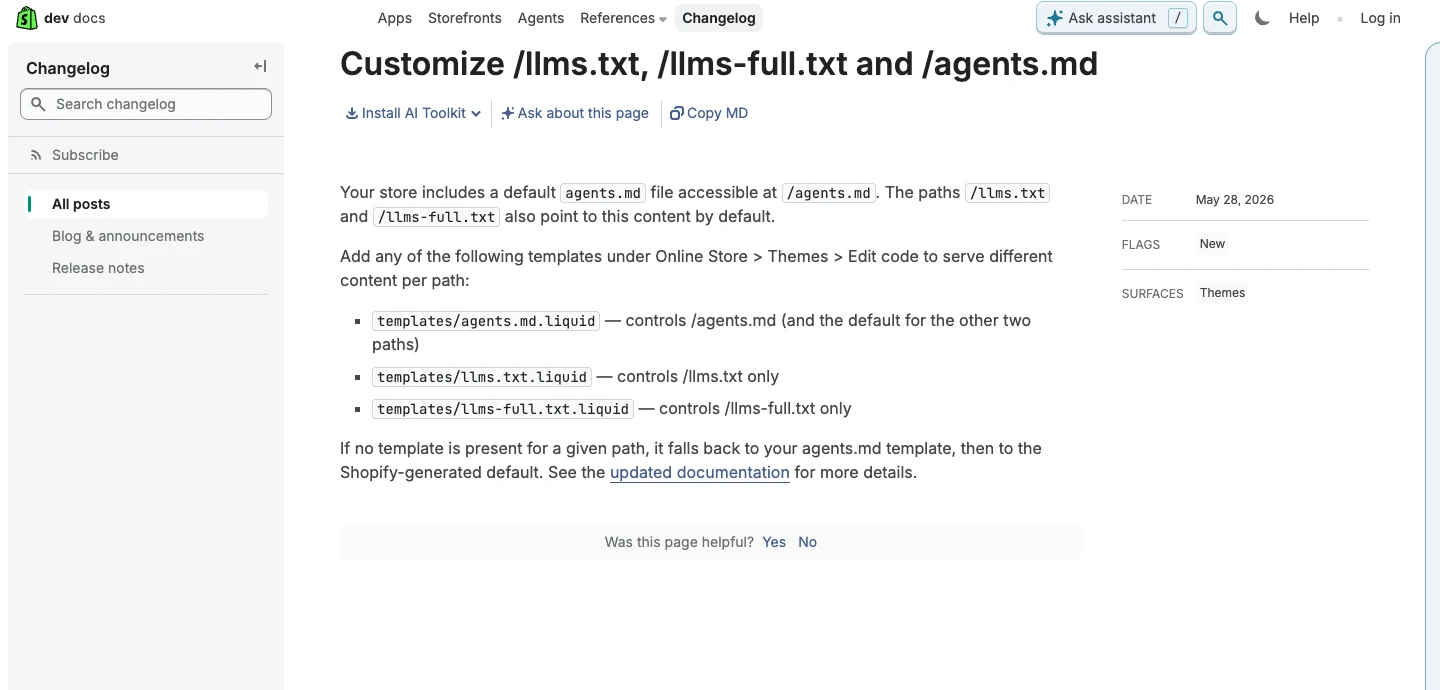 Shopify-Changelog vom 28. Mai 2026 mit den Vorlagen für agents.md, llms.txt und llms-full.txt