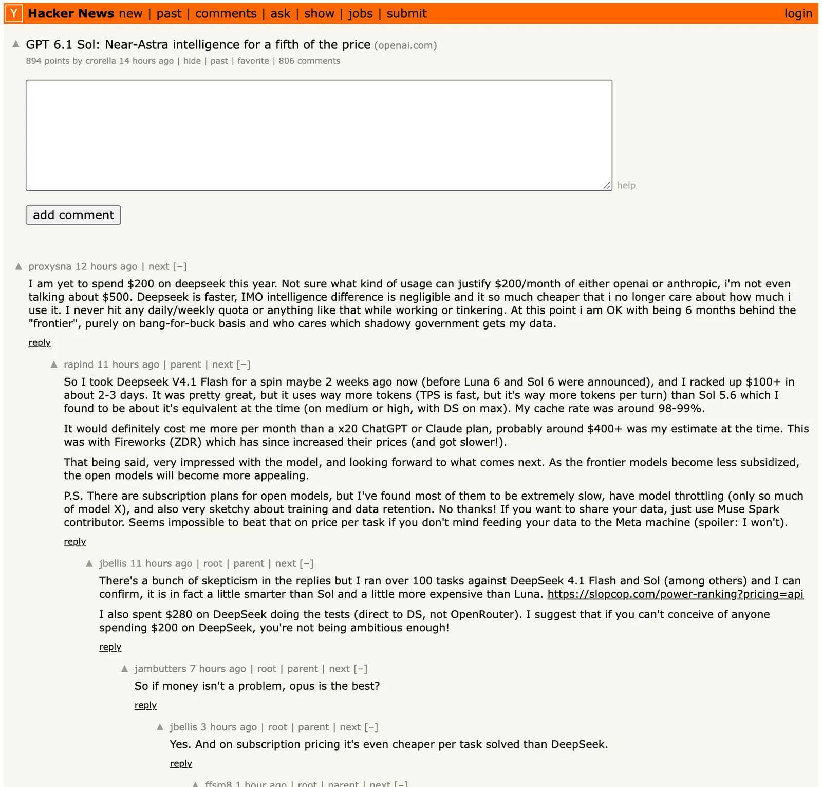Hacker-News-Thread GPT 6.1 Sol: Near-Astra intelligence for a fifth of the price mit 894 Punkten und 806 Kommentaren, oberster Kommentar zu DeepSeek als günstiger Alternative
