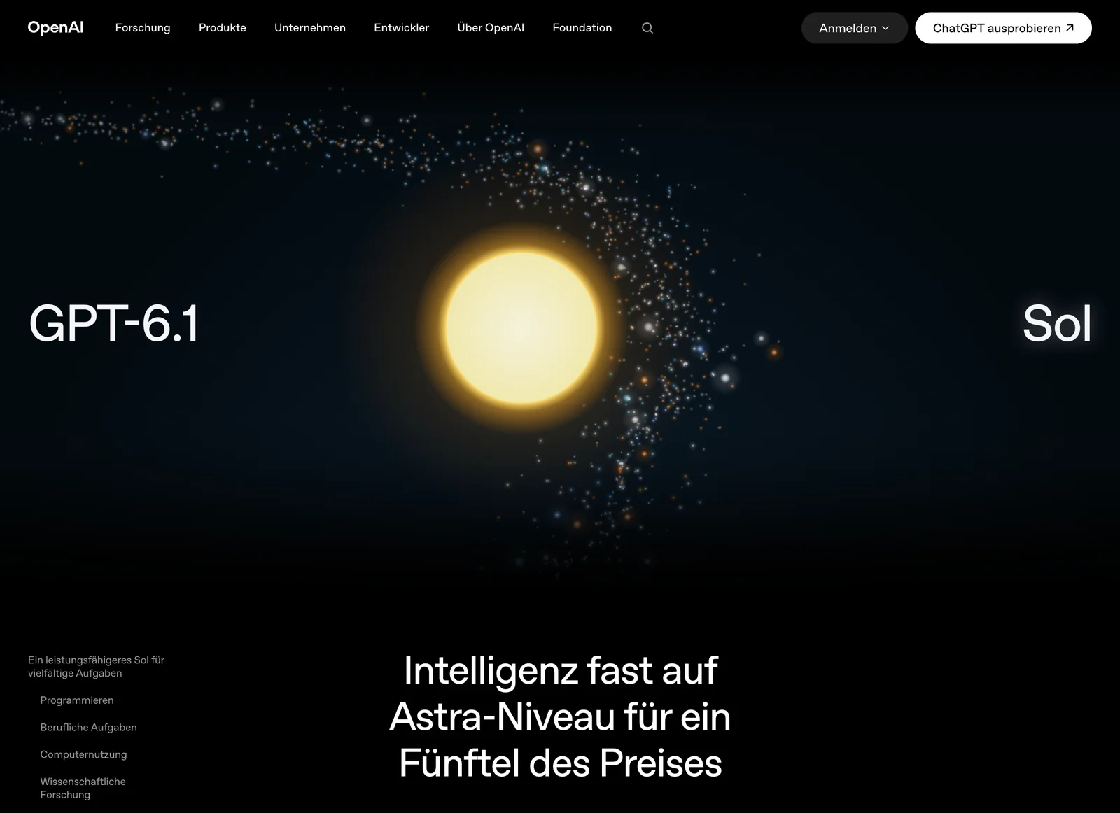 OpenAI-Ankündigung GPT-6.1 Sol mit gelber Sonne vor dunklem Hintergrund und der Überschrift Intelligenz fast auf Astra-Niveau für ein Fünftel des Preises
