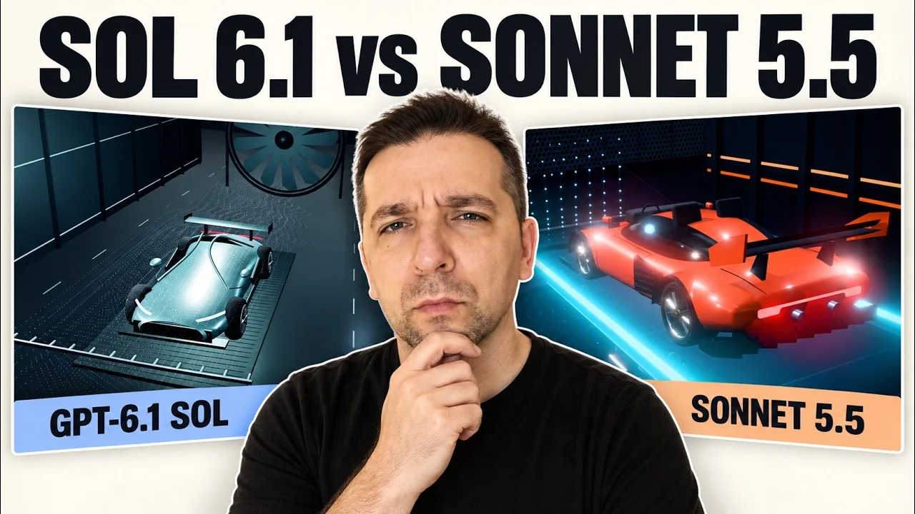 Vorschaubild des YouTube-Videos von AIex The AI Workbench: SOL 6.1 vs SONNET 5.5 mit zwei 3D-Autos im Windkanal