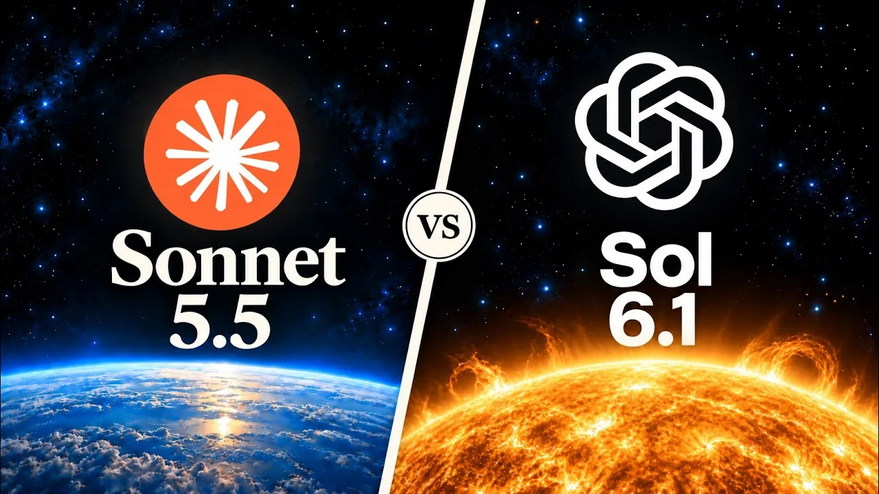 Vorschaubild des YouTube-Videos von Chase AI: links Sonnet 5.5 vor der Erde, rechts Sol 6.1 vor der Sonne, dazwischen VS