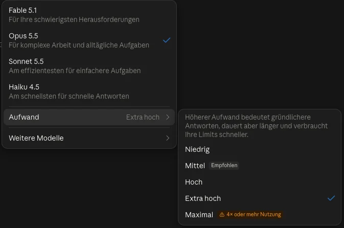 Modellmenü in claude.ai mit Fable 5.1, Opus 5.5, Sonnet 5.5 und Haiku 4.5, daneben das Untermenü Aufwand: Höherer Aufwand bedeutet gründlichere Antworten, dauert aber länger und verbraucht Ihre Limits schneller. Stufen Niedrig, Mittel (empfohlen), Hoch, Extra hoch und Maximal mit dem Hinweis 4-fache oder mehr Nutzung