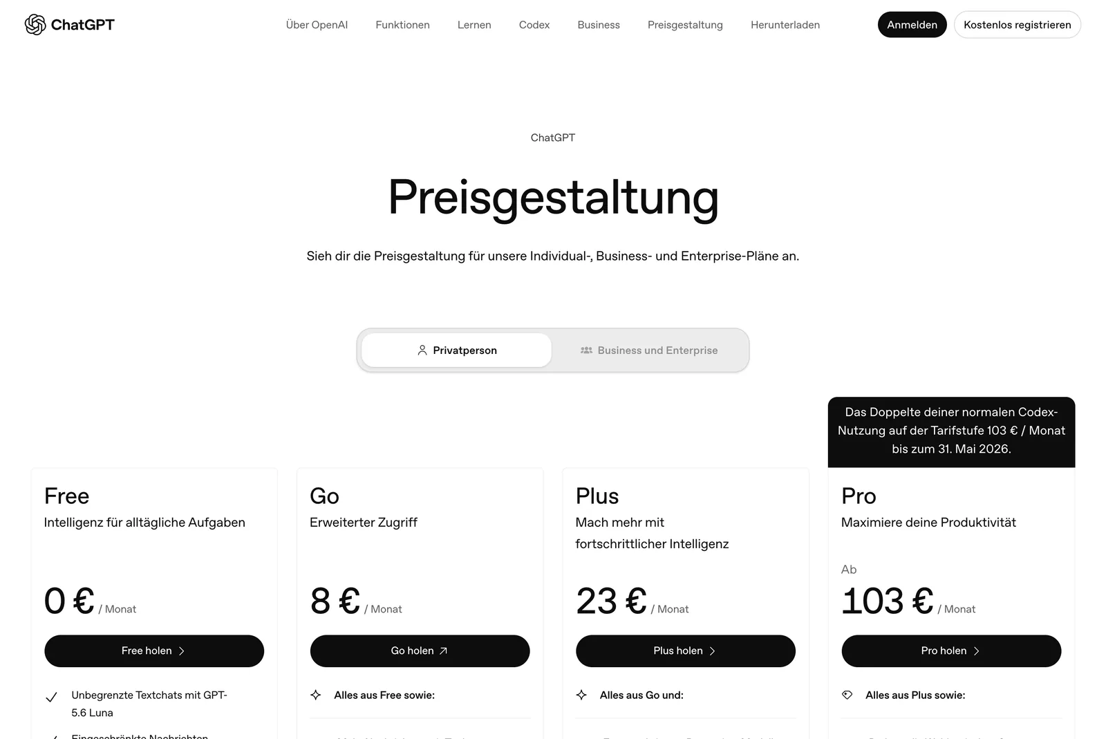 Preisseite von ChatGPT in Deutschland: Plus 23 Euro im Monat, Pro ab 103 Euro