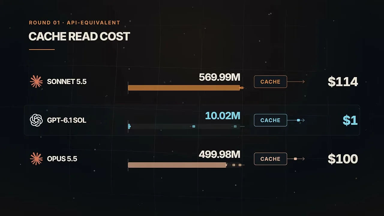 Kostentafel aus dem Video von Can It Code? für Runde 1: Kosten für das Lesen aus dem Cache, Claude Sonnet 5.5 rund 570 Millionen Token für 114 Dollar, GPT-6.1 Sol 10 Millionen Token für 1 Dollar, Claude Opus 5.5 rund 500 Millionen Token für 100 Dollar