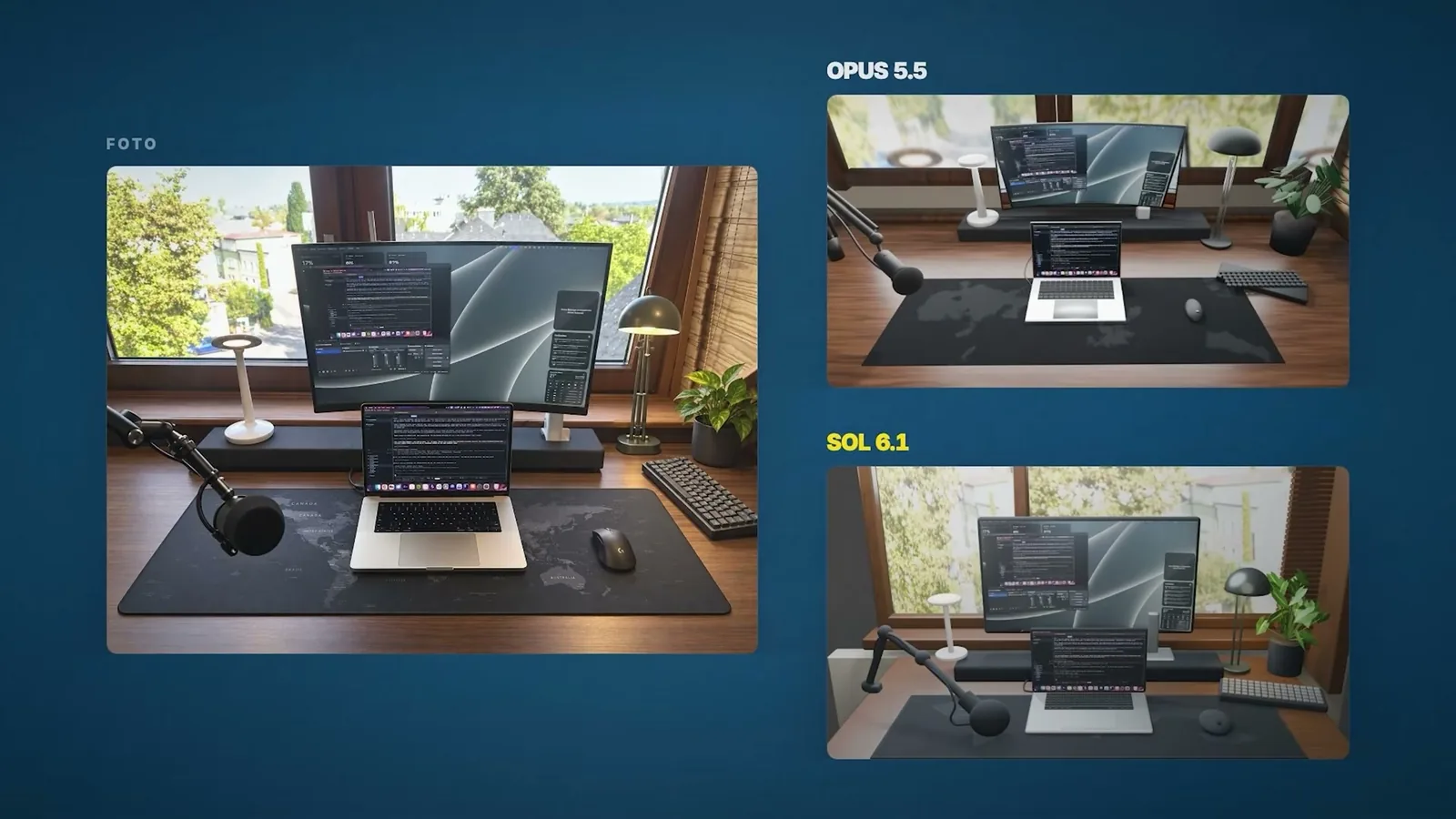 Standbild aus dem Video von IchBinFabian: das Foto seines Schreibtischs neben den Blender-Renderings von Claude Opus 5.5 und GPT-6.1 Sol