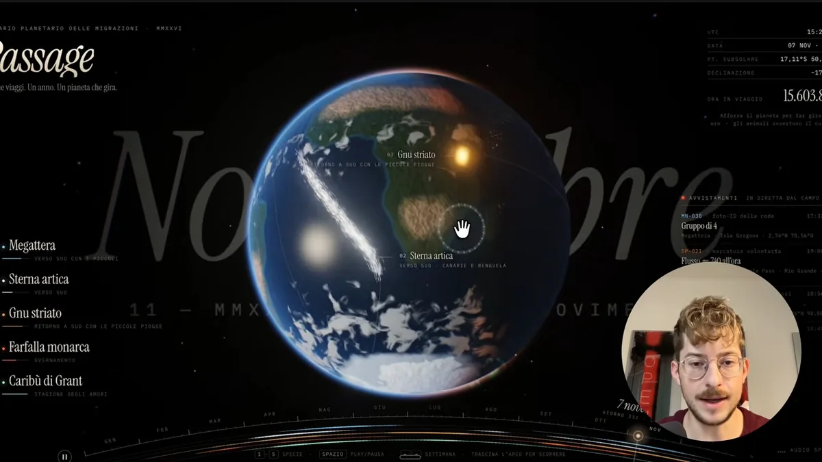 3D-Globus von Opus: Erde mit Wolken und Sonne, Tierliste links, Monatsleiste unten