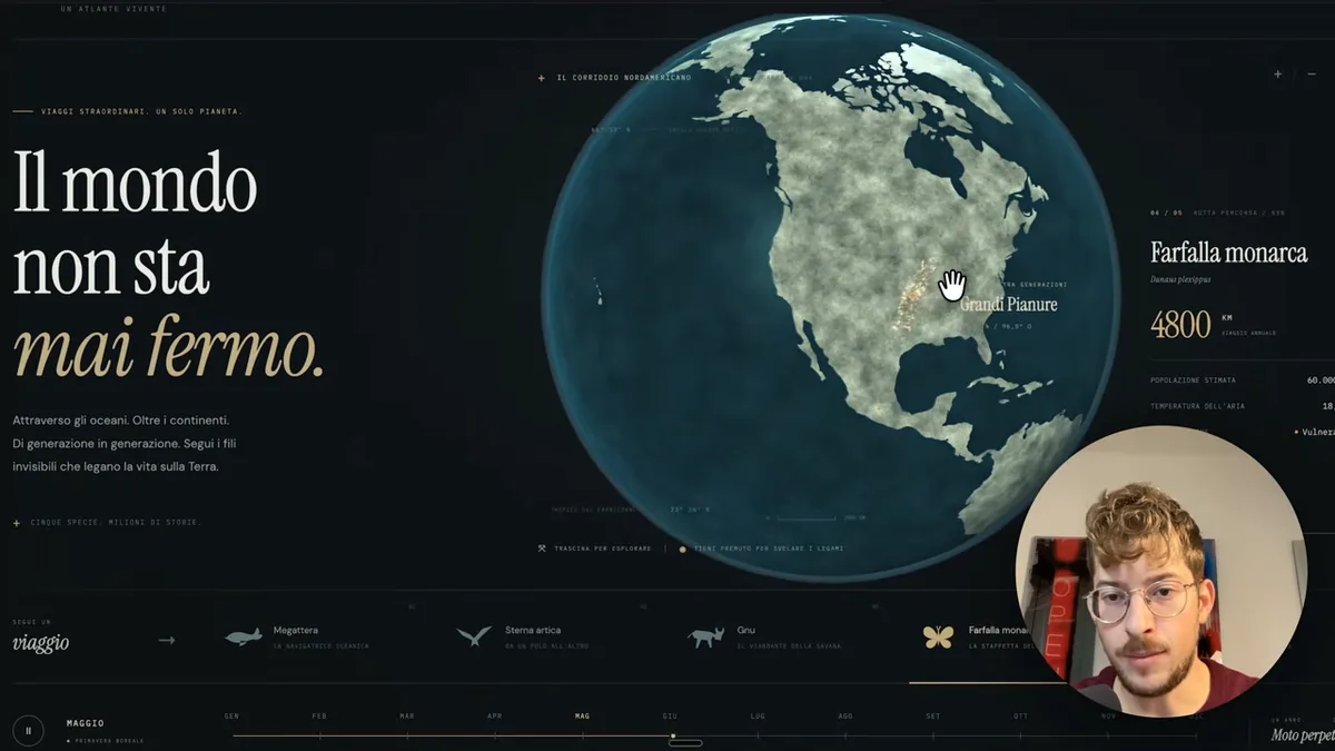 3D-Globus von Sol: Nordamerika mit einer Wolkentextur, links Text auf Italienisch, unten eine Zeitleiste